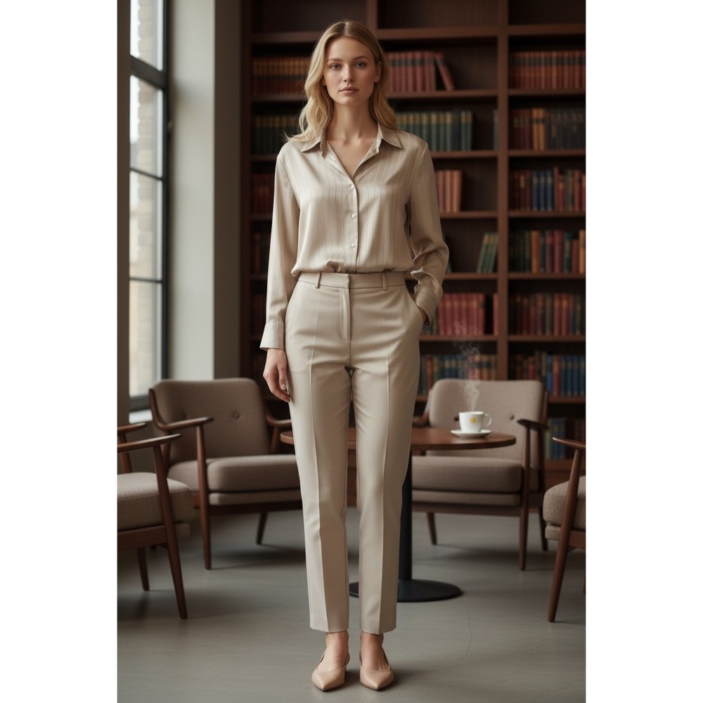 Maison d'Amelie Womens Blouse L Beige Satin Stripe Button Up Office Quiet Luxury